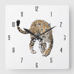 Horloge Carrée aquarelle léopard jungle chat animal peint vert