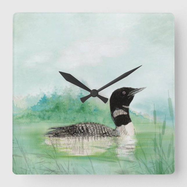 Horloge Carrée Aquarelle Loon Wilderness Lake Bird Nature Art (Recto)