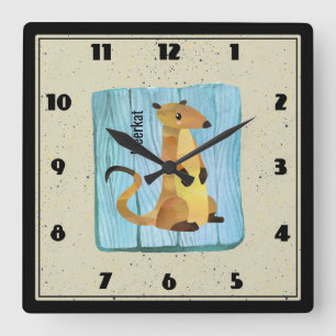 Horloge Carrée Aquarelle Meerkat sur un Arrière - plan en bois bl