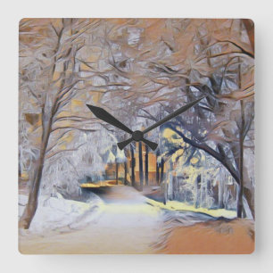 Horloge Carrée Aquarelle moderne d'arbres enneigés colorés
