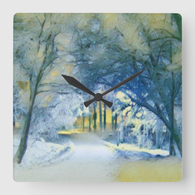 Horloge Carrée Aquarelle moderne des arbres enneigés colorés (Recto)
