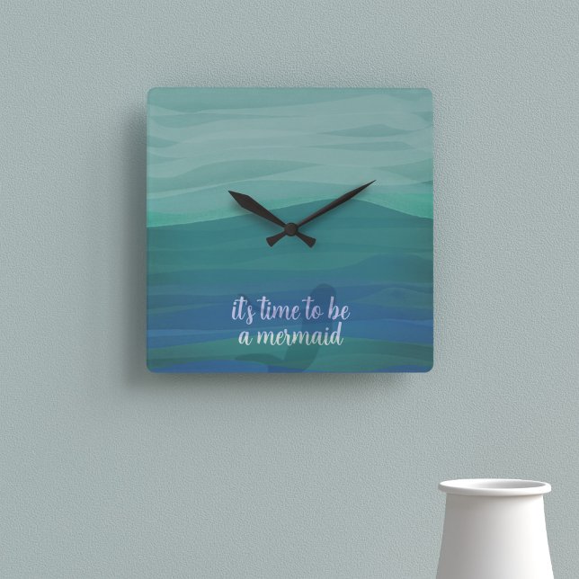 Horloge Carrée Aquarelle moderne Turquoise Sirène Silhouette pers (It's time to be a mermaid! You can add your own text to this teal watercolor clock)