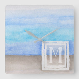 Horloge Carrée Aquarelle Monogramme mer et sable bleu et bronze