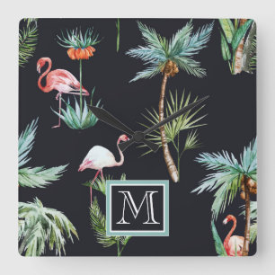 Horloge Carrée Aquarelle Motif Palm   Ajouter votre initiale