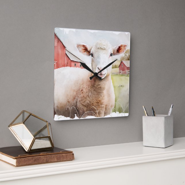 Horloge Carrée Aquarelle Mouton Avec Grange Rouge (Bureau)