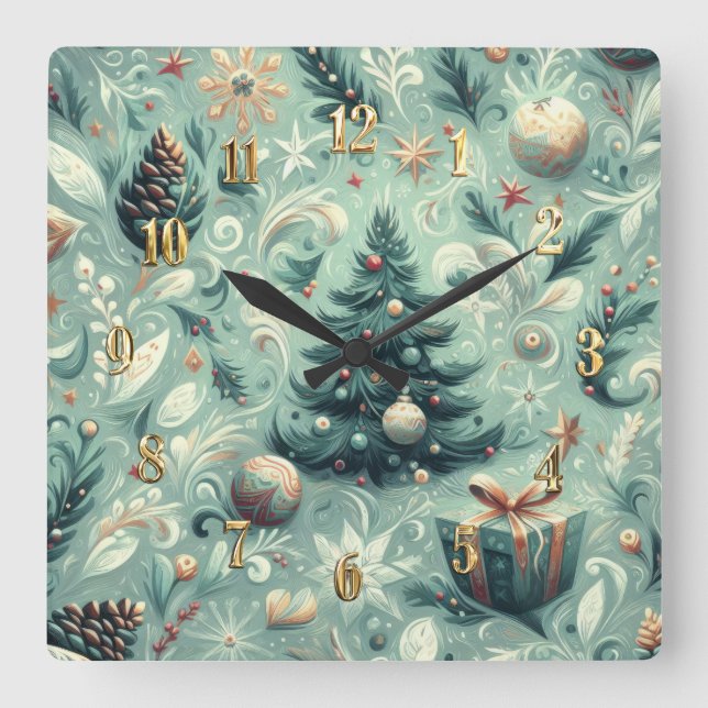 Horloge Carrée Aquarelle Noël Motif vacances Whimy Green (Recto)