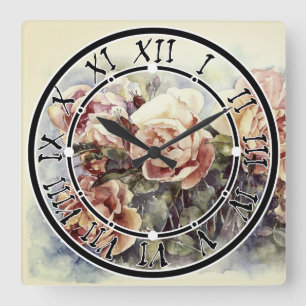 Horloge Carrée Aquarelle orange fleurs rose illustration flowe