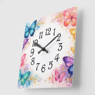 Horloge Carrée Aquarelle Papillon éclaboussure et Glitter Girl's