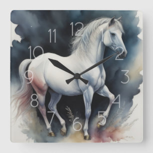 Horloge Carrée Aquarelle Peinture de cheval