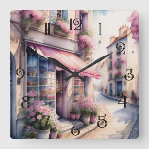 Horloge Carrée Aquarelle Peinture de Fleur Rose Shop Paris