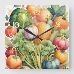 Horloge Carrée Aquarelle Peinture de légumes assortis