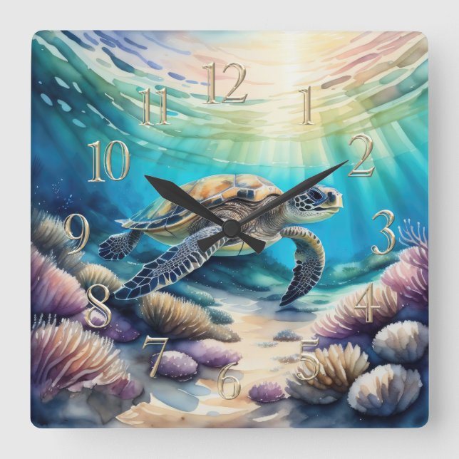Horloge Carrée Aquarelle Peinture de tortue de mer XIII (Recto)
