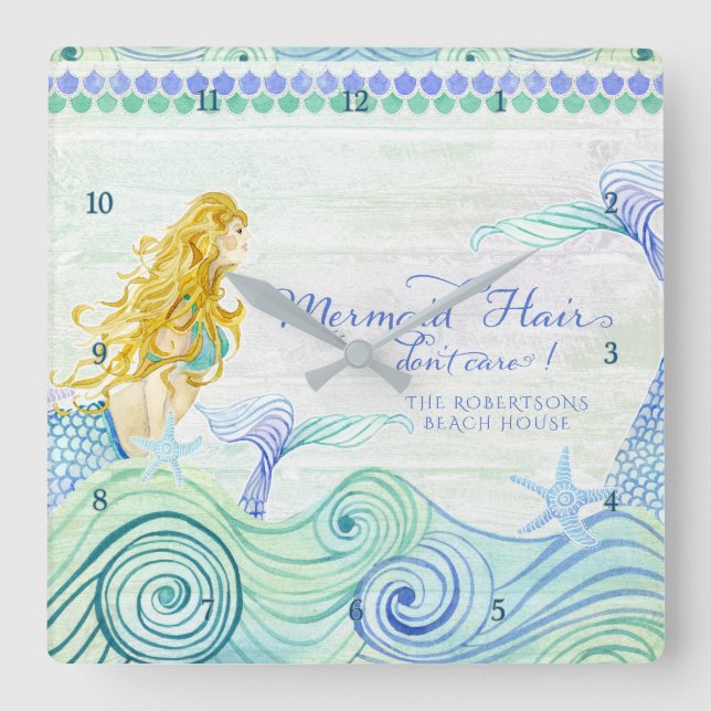 Horloge Carrée Aquarelle personnalisée de Mermaid Hair Beach Hous (Recto)