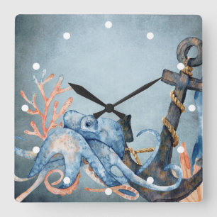 Horloge Carrée Aquarelle Pieuvre et Ancre Plage nautique