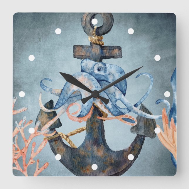 Horloge Carrée Aquarelle Pieuvre et Ancre Sea Life Beach (Recto)