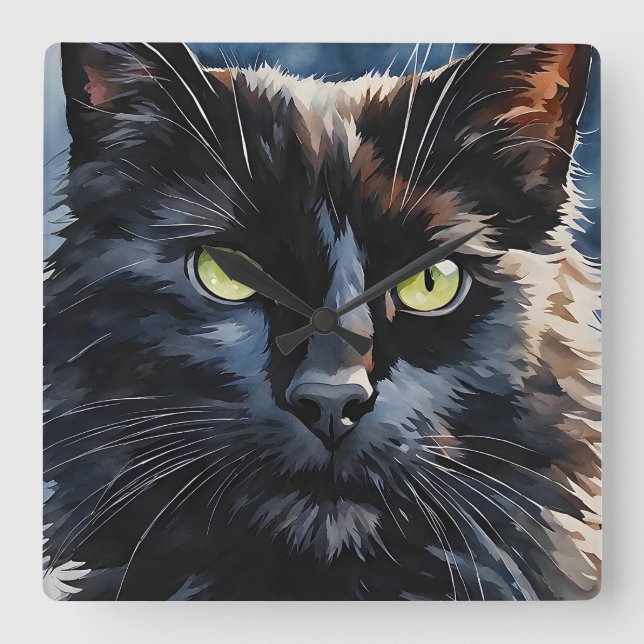 Horloge Carrée Aquarelle Portrait de chat noir avec yeux verts (Recto)
