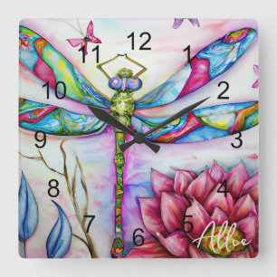 Horloge Carrée Aquarelle Rainbow Dragonfly, Personnaliser