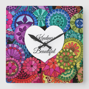 Horloge Carrée Aquarelle Rainbow Mandala avec coeur