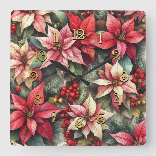 Horloge Carrée Aquarelle rose et rouge Poinsettia (Recto)