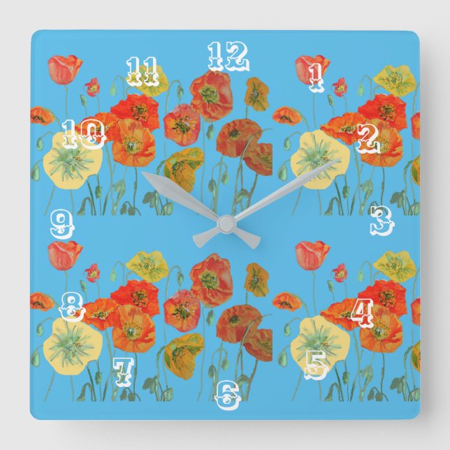 Horloge Carrée Aquarelle rouge orange crapaud bleu pastel (Recto)