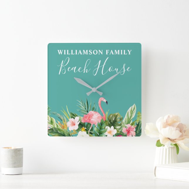 Horloge Carrée Aquarelle Tropical Floral Nom de famille Maison de (Maison)