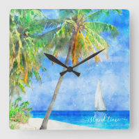 Aquarelle Tropical Island Beach Palm Tree