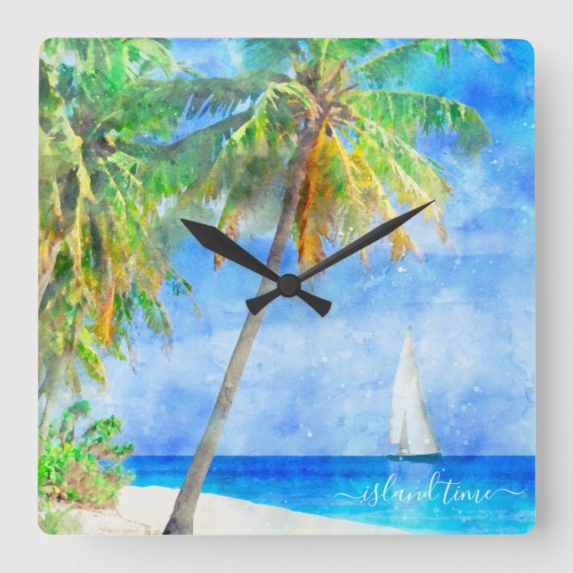 Horloge Carrée Aquarelle Tropical Island Beach Palm Tree (Recto)