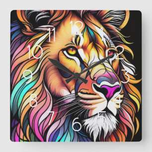 Horloge Carrée Aquarelle Verre verni Style Lion