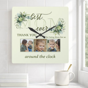 Horloge Carrée Aquarelle Vert Feuille Maman Photo Carré Mur Clo