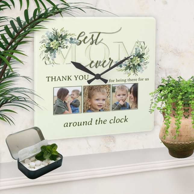 Horloge Carrée Aquarelle Vert Feuille Maman Photo Carré Mur Clo (Elegant photo wall clock featuring a stylized Mom text with green watercolor leaves - gift for Mom)