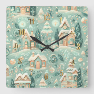 Horloge Carrée Aquarelle Vert Maisons Noël Motifs vacances