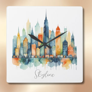 Horloge Carrée Aquarelle Ville Toits Moderne Graphisme Urbain Fra