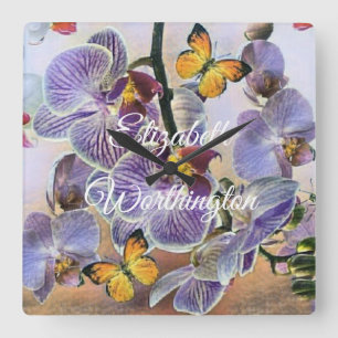 Horloge Carrée Aquarelle vintage blanc pourpre rose orchidée