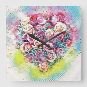 Horloge Carrée Aquarelle vintage du Coeur Rose coloré