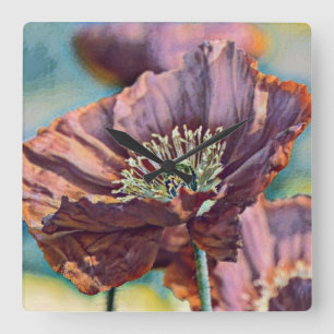 Horloge Carrée Aquarelle vintage Fleurs de pavot rouge pourpre 