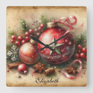 Horloge Carrée Aquarelle vintage Pastel Ornements de Noël