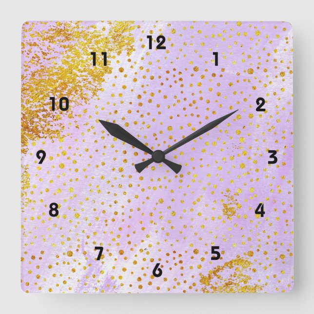 Horloge Carrée Aquarelle violet lavande et confetti de feuille d' (Recto)