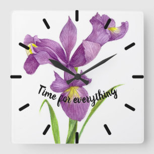 Horloge Carrée Aquarelle violette Iris Botanique Floral Art