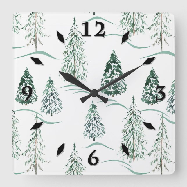 Horloge Carrée Aquarelles de Noël. Forêt d'hiver. (Recto)