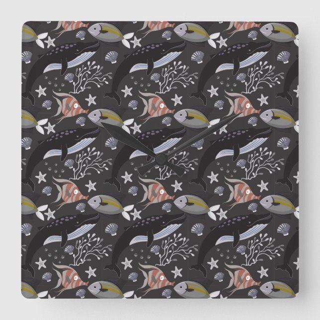 Horloge Carrée Aquatic animals pattern | ocean underwater life 20 (Recto)