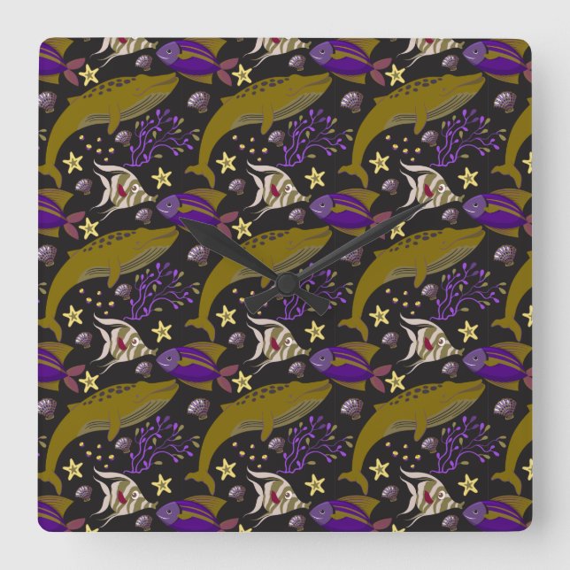 Horloge Carrée Aquatic animals pattern | ocean underwater life 25 (Recto)
