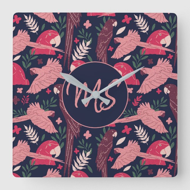 Horloge Carrée Ara Parrot Rouge Tropical Leave Motif Monogramme (Recto)