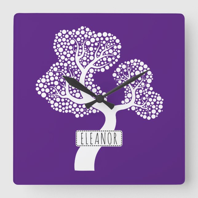 Horloge Carrée Arbre Abstrait cercle blanc et nom royal violet (Recto)