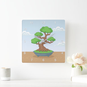 Horloge Carrée Arbre bonsaï japonais torsadé sur une table
