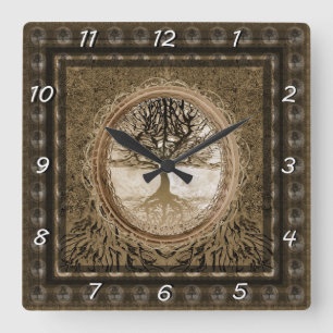 Horloge Carrée Arbre Brown de motif de la vie