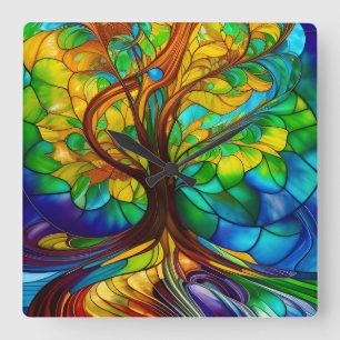 Horloge Carrée Arbre coloré de la vie en verre tendu