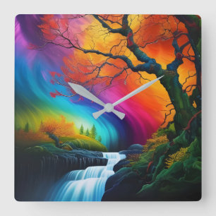 Horloge Carrée Arbre d'automne, Ciel arc-en-ciel cascades