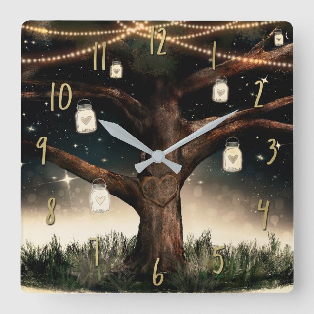 Horloge Carrée Arbre de nuit rustique avec lumières et jarres de  (Recto)
