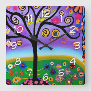 Horloge Carrée Arbre de style d'art populaire Whimsical