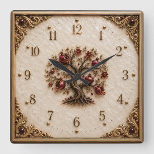 Horloge Carrée Arbre de Vie avec Grenades   Art en Relief 3D